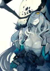 Rule 34 | 1girl, abyssal ship, breasts, buried air defense hime, cleavage, commentary request, frown, gloves, hair in face, hair over one eye, hood, hood up, kantai collection, large breasts, long hair, long sleeves, one eye covered, shadow, sidelocks, silver hair, solo, upper body, walzrj, white background, yellow eyes