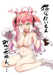 1girl absurdres ahoge alternate_costume animal_collar animal_ears animal_hands bell bikini black_tail bow breasts cat_ears cat_girl cat_tail collar fang gloves gradient_hair green_eyes highres hololive large_breasts looking_at_viewer micro_bikini multicolored_hair navel neck_bell open_mouth paw_gloves paw_pose pink_hair purewhite_draw sakura_miko side-tie_bikini_bottom simple_background socks solo swimsuit tail tail_bow tail_ornament twintails virtual_youtuber white_background white_socks