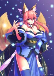 Rule 34 | 10s, 1girl, animal ears, bare shoulders, blue thighhighs, breasts, cleavage, cowboy shot, detached sleeves, ears through headwear, fate/extra, fate/extra ccc, fate (series), fox ears, fox tail, highres, itaco, japanese clothes, kimono, large breasts, looking at viewer, obi, parted lips, pink hair, sash, smile, solo, tail, tamamo (fate), tamamo no mae (fate/extra), thighhighs, wide sleeves, yellow eyes