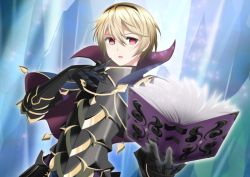 Rule 34 | 1boy, armor, bad id, bad pixiv id, black armor, blonde hair, book, capelet, collar, fire emblem, fire emblem fates, gloves, ice, kakiko210, leo (fire emblem), male focus, nintendo, open mouth, red eyes, solo, upper body