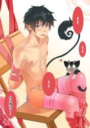 Rule 34 | 1boy, ao no exorcist, arms behind back, bdsm, blue eyes, bondage, bound, bow, cat, crossdressing, gift, gradient background, male focus, okumura rin, pointy ears, ribbon, solo, tail, thighhighs