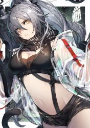 Rule 34 | 1girl, animal ears, arknights, black shirt, black shorts, bow (weapon), breasts, cat ears, cat girl, cat tail, cleavage, closed mouth, cowboy shot, crop top, crossbow, grey hair, hair between eyes, highres, holding, holding bow (weapon), holding crossbow, holding weapon, jacket, large breasts, long hair, looking at viewer, mephisto (angraecum), midriff, navel, open clothes, open jacket, ponytail, scarf, schwarz (arknights), see-through, shirt, short shorts, shorts, sleeveless, sleeveless shirt, solo, stomach, strap, tail, weapon, yellow eyes