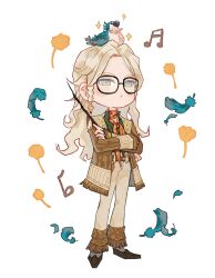 Rule 34 | 1girl, :/, absurdres, animal, animal on head, bird, bird on head, black-framed eyewear, blonde hair, blue feathers, brown footwear, brown jacket, brown pants, curly hair, feathers, full body, glasses, green eyes, green shirt, harry potter: magic awakened, harry potter (series), highres, holding, holding own arm, holding wand, jacket, long hair, musical note, neckerchief, on head, orange neckerchief, pants, parrot, parted bangs, shirt, solo, sparkle, standing, wand, white background, wizarding world, xialuo yingling