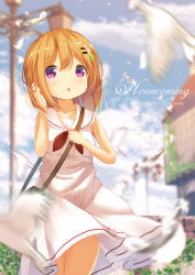 Rule 34 | 1girl, :o, artist name, bag, bare arms, bird, blue sky, blurry, blurry background, blush, building, buttons, character name, chestnut mouth, chinomaron, cloud, collarbone, copyright name, cowboy shot, day, depth of field, dress, english text, feathers, flower, gochuumon wa usagi desu ka?, hair flower, hair ornament, tucking hair, hairclip, highres, hoto cocoa, lamppost, looking at viewer, medium hair, neckerchief, open mouth, orange hair, outdoors, purple eyes, red neckerchief, sailor collar, sailor dress, shoulder bag, signature, sky, sleeveless, sleeveless dress, solo, white dress, wind