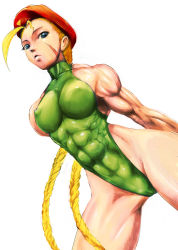 Rule 34 | 1girl, abs, antenna hair, beret, blonde hair, blue eyes, braid, breasts, cameltoe, cammy white, camouflage, capcom, covered erect nipples, gloves, hat, large breasts, leotard, long hair, muscular, scar, shopyun, narrow waist, solo, street fighter, thick thighs, thighs, thong leotard, twin braids, very long hair