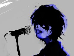 Rule 34 | 1boy, absurdres, bad id, bad pixiv id, black hair, cable, grey background, hair over eyes, highres, messy hair, microphone, microphone stand, monochrome, music, open mouth, original, singing, sketch, spot color, teeth, texture, timesoe