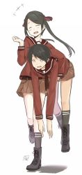 Rule 34 | 10s, :d, ^ ^, black socks, boots, brown skirt, carrying, carrying under arm, closed eyes, dated, happy, kantai collection, kawashina (momen silicon), kneehighs, long sleeves, mikuma (kancolle), mogami (kancolle), neckerchief, open mouth, pleated skirt, ponytail, sailor collar, school uniform, serafuku, short hair, shorts, simple background, skirt, smile, socks, twintails, white background