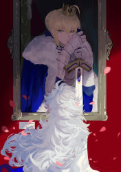 Rule 34 | 1boy, 1girl, absurdres, ahoge, armor, artoria pendragon (all), artoria pendragon (fate), blonde hair, blue cape, braid, braided bun, cape, closed mouth, crown, excalibur (fate/stay night), fate/grand order, fate/stay night, fate (series), fur-trimmed cape, fur trim, gauntlets, green eyes, hair bun, highres, holding, holding sword, holding weapon, light frown, long hair, long sleeves, looking at viewer, merlin (fate), mini crown, painting (object), petals, phanta, red background, saber (fate), serious, short hair, single hair bun, sword, weapon, white hair