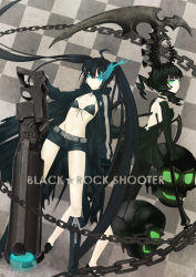 Rule 34 | 10s, 2girls, absurdres, arm cannon, bad id, bad pixiv id, bikini, bikini top only, black dress, black hair, black rock shooter, black rock shooter (character), blue eyes, boots, chain, coat, curly hair, dead master, dress, glowing, glowing eyes, green eyes, highres, horns, ladybird8n, long hair, midriff, multiple girls, navel, scar, shorts, swimsuit, twintails, very long hair, weapon