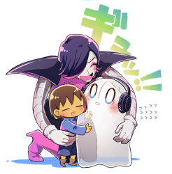 Rule 34 | !, !!, 1other, ^ ^, androgynous, android, blush, boots, brown hair, closed eyes, colored skin, comforting, flying sweatdrops, frisk (undertale), ghost, gloves, group hug, hair over one eye, headphones, hug, kneeling, laughing, long sleeves, mettaton, mettaton ex, napstablook, outstretched arms, pink footwear, shake sawa, shirt, shorts, simple background, smile, standing, striped clothes, striped shirt, tears, transparent, undertale, white background, yellow skin