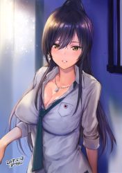 Rule 34 | 1girl, black hair, bowcan, breasts, cleavage, collarbone, dated, dress shirt, earrings, idolmaster, idolmaster shiny colors, jewelry, large breasts, long hair, looking at viewer, necklace, necktie, parted lips, ponytail, school uniform, shirase sakuya, shirt, signature, sleeves rolled up, solo, upper body, yellow eyes