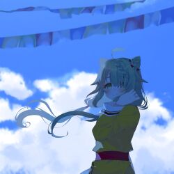 Rule 34 | 1girl, absurdres, ahoge, amane hikari, belt, blue sky, blunt bangs, blush, braid, braided bangs, closed mouth, clothesline, cloud, cloudy sky, dress, green eyes, green hair, hair over one eye, hand up, heruka (madoka magica), highres, long sleeves, looking at viewer, low twintails, magia record: mahou shoujo madoka magica gaiden, mahou shoujo madoka magica, red belt, sky, smile, solo, split mouth, twintails, upper body, yellow dress