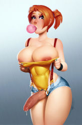Rule 34 | 1futa, bare shoulders, belt, blush, breasts, breasts out, chewing gum, cleavage, creatures (company), cum, curvy, denim, denim shorts, erection, foreskin, futanari, game freak, green eyes, highres, large breasts, large penis, leotard, looking at viewer, misty (pokemon), nail polish, navel, nintendo, nipple slip, nipples, no bra, no panties, orange hair, penis, poke ball, pokemon, pokemon (anime), ponytail, precum, presenting, short shorts, shorts, simple background, solo, standing, suspenders, taboolicious, thick thighs, thighs, tight clothes, uncensored, undressing, unzipped, veins, veiny penis, wedgie, wide hips, zipper