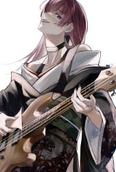 1girl absurdres bachi bass_guitar black_choker black_kimono blush bocchi_the_rock! choker clenched_teeth earrings highres hiroi_kikuri holding holding_plectrum instrument japanese_clothes jewelry kimono long_hair long_sleeves looking_at_viewer off_shoulder playing_guitar plectrum purple_eyes purple_hair sharp_teeth simple_background solo sushizanmai_(sorahaaoi7) teeth white_background