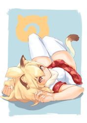 Rule 34 | 10s, 1girl, animal ears, blonde hair, cat ears, cat tail, japari symbol, kachua (kachua l), kemono friends, lion (kemono friends), lion ears, lion tail, looking at viewer, looking back, lying, on back, plaid, plaid skirt, pleated skirt, short hair, short sleeves, skirt, solo, tail, thighhighs, two-tone background, white thighhighs, yellow eyes