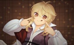 1boy absurdres belt black_belt blonde_hair brown_background brown_eyes cape closed_mouth collared_shirt fingers_to_cheeks floral_print hair_between_eyes hands_up high_collar highres licking licking_lips long_sleeves looking_at_viewer male_focus michel_nostradamus_(shuumatsu_no_valkyrie) plaid_background puffy_long_sleeves puffy_sleeves purple_vest red_cape shirt short_hair short_hair_with_long_locks shuumatsu_no_valkyrie side_cape sidelocks smile solo star_(symbol) tongue tongue_out upper_body vest white_shirt wing_collar