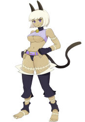 Rule 34 | 1girl, absurdres, blue eyes, bob cut, breasts, buzzo (artist), cat girl, claws, collar, crop top, detached leggings, fang, fingerless gloves, gloves, grin, hands on own hips, highres, large breasts, ms. fortune (skullgirls), navel, neck bell, scar, short hair, skullgirls, smile, solo, underboob, white background