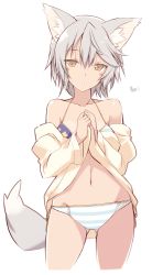Rule 34 | 1girl, animal ears, bikini, blush, brown eyes, cowboy shot, gluteal fold, heart, looking at viewer, off shoulder, ohta yuichi, original, pop-up story, rita drake, short hair, side-tie bikini bottom, silver hair, simple background, sketch, solo, striped bikini, striped clothes, swimsuit, tail, white background, wolf ears, wolf tail