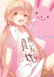 Rule 34 | 10s, 1girl, bad id, bad pixiv id, brown eyes, brown hair, candy, clothes writing, en@rain, fang, food, futaba anzu, highres, idolmaster, idolmaster cinderella girls, lollipop, long hair, mouth hold, open mouth, pink background, shirt, solo, t-shirt, tears, twintails, very long hair