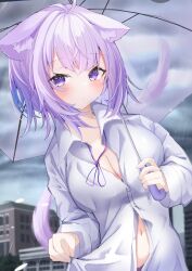 Rule 34 | 1girl, ahoge, animal ear fluff, animal ears, blush, breasts, building, cat ears, cat girl, cat tail, cleavage, hair between eyes, highres, holding, holding umbrella, hololive, large breasts, long sleeves, looking at viewer, naked shirt, navel, nekomata okayu, nekomata okayu (oversized shirt), official alternate costume, outdoors, purple eyes, purple hair, shirt, short hair, solo, tail, umbrella, virtual youtuber, white shirt, yuren horun