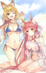 Rule 34 | 2girls, ahoge, animal ear fluff, animal ears, bare shoulders, beach umbrella, bikini, blonde hair, blue bikini, blurry, blurry background, blush, bow, breasts, brown eyes, cleavage, closed mouth, collarbone, commentary request, cosplay, criss-cross halter, day, earrings, fate/extra, fate/grand order, fate (series), fingernails, fox ears, gluteal fold, green eyes, groin, hair between eyes, hair bow, hair intakes, halterneck, hand up, heart, highres, jewelry, large breasts, long hair, looking at viewer, low twintails, multiple girls, navel, nero claudius (fate), nero claudius (fate) (all), nero claudius (swimsuit caster) (fate), nero claudius (swimsuit caster) (fate) (cosplay), one eye closed, open mouth, outdoors, pink hair, puffy short sleeves, puffy sleeves, round teeth, see-through, seiza, shiny skin, short sleeves, side-tie bikini bottom, sitting, smile, striped bikini, striped clothes, sweat, swimsuit, tamamo (fate), tamamo no mae (fate/extra), tamamo no mae (swimsuit lancer) (fate), tamamo no mae (swimsuit lancer) (fate) (cosplay), tamamo no mae (swimsuit lancer) (third ascension) (fate), teeth, tomozero, towel, twintails, umbrella, upper teeth only, very long hair, white bow