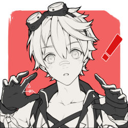 Rule 34 | !, 1boy, bandaid, bandaid on face, bandaid on nose, bare shoulders, bennett (genshin impact), collarbone, collared shirt, commentary request, genshin impact, gloves, goggles, goggles on head, greyscale, greyscale with colored background, hair between eyes, looking at viewer, male focus, monochrome, open mouth, partially colored, red background, scar, scar on arm, shirt, simple background, sleeveless, smile, solo, spade-m, white background