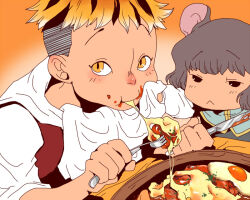Rule 34 | 2girls, animal ears, black hair, blush, eating, fork, gradient background, grey hair, holding, holding fork, knife, long sleeves, looking at another, looking at viewer, mouse ears, mouse tail, multicolored hair, multiple girls, nazrin, onikobe rin, orange background, orange eyes, orange hair, red shirt, shawl, shirt, short hair, simple background, slit pupils, tail, toramaru shou, touhou, two-tone hair, very short hair, wiping face