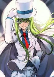 Rule 34 | 1girl, c.c., cape, code geass, cosplay, creayus, formal, gloves, green hair, grin, hand in pocket, hat, kaitou kid, kaitou kid (cosplay), long hair, looking at viewer, meitantei conan, monocle, necktie, phantom thief, smile, solo, suit, top hat, twitter username, white gloves, yellow eyes