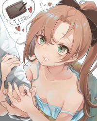 Rule 34 | 1boy, 1girl, akigumo (kancolle), alternate costume, blue camisole, breasts, brown hair, camisole, collarbone, commentary request, downblouse, drawing tablet, green eyes, hair ribbon, highres, holding hands, kantai collection, long hair, no bra, own hands together, ponytail, ribbon, ruohire9, simple background, small breasts, speech bubble, strap slip, upper body, white background