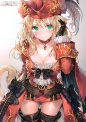 Rule 34 | 1girl, absurdres, animal ears, belt, black belt, black bow, black gloves, black thighhighs, blonde hair, blush, bow, breasts, cat ears, cleavage, closed mouth, collar, collarbone, cowboy shot, earrings, facial mark, fang, final fantasy, final fantasy xiv, frills, fur, gloves, green eyes, hair between eyes, hat, highres, jacket, jewelry, large breasts, long hair, long sleeves, looking at viewer, miniskirt, miqo&#039;te, momoko (momopoco), necklace, red collar, red hat, red jacket, red mage (final fantasy), red skirt, ring, scan, simple background, skirt, smile, solo, standing, sweat, tail, thighhighs, warrior of light (ff14), wavy mouth, zettai ryouiki