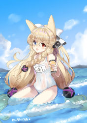 Rule 34 | 1girl, :d, bare arms, bare legs, bare shoulders, barefoot, blue eyes, blue sky, blush, braid, character name, cloud, commentary request, covered navel, day, g41 (beach punk 2064) (girls&#039; frontline), g41 (girls&#039; frontline), girls&#039; frontline, hair between eyes, hair ornament, hair ribbon, head tilt, heterochromia, highres, holding, long hair, looking at viewer, low-tied long hair, lunacats, name tag, official alternate costume, one-piece swimsuit, open mouth, outdoors, purple ribbon, red eyes, ribbon, school swimsuit, side braid, single braid, sitting, sky, smile, soles, solo, swimsuit, very long hair, wariza, water, white one-piece swimsuit, white school swimsuit