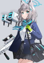 Rule 34 | 1girl, absurdres, animal ear fluff, animal ears, assault rifle, bag, bicycle, blue archive, blue eyes, blue jacket, blue scarf, blush, cross hair ornament, drone, extra ears, gloves, green gloves, grey hair, gun, hair ornament, halo, highres, holding, holding weapon, id card, jacket, looking at viewer, medium hair, mismatched pupils, necktie, open clothes, open jacket, plaid, plaid skirt, pleated skirt, rifle, scarf, school bag, school uniform, shiroko (blue archive), shiromoca, shirt, shoulder bag, sig sauer 556, simple background, skirt, striped clothes, striped scarf, weapon, white shirt, wolf ears