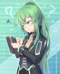 Rule 34 | 1girl, ?, aqua eyes, artist name, text background, black jacket, black skirt, bracelet, breasts, choker, cleavage, closed mouth, coat, collar, collarbone, dated, destiny (game), english text, furrowed brow, green background, green eyes, green hair, hair between eyes, hands up, high collar, high ponytail, holding, jacket, jewelry, kuroda kuwa, long hair, long sleeves, looking down, neon trim, original, reading, signature, skirt, sleeve cuffs, solo, squiggle, standing, sweat, sweatdrop, tablet pc, upper body, warlock (destiny)