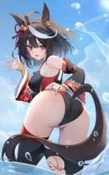 Rule 34 | 1girl, a shui, absurdres, adapted costume, animal ears, ass, bare shoulders, black hair, black thighhighs, blue sky, clothing cutout, cloud, cloudy sky, commentary request, dated, detached sleeves, feet, foot out of frame, hair between eyes, highres, horse ears, horse girl, horse tail, kitasan black (umamusume), long sleeves, looking at viewer, multicolored hair, open mouth, outdoors, red eyes, short hair, signature, sky, smile, soles, solo, stirrup legwear, streaked hair, tail, tail through clothes, thighhighs, toeless legwear, toes, umamusume, underwear, water, waving, wet, white hair