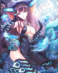 Rule 34 | 1girl, bare shoulders, blue dress, blue eyes, blue fire, blue gloves, blue headwear, blue thighhighs, blunt bangs, breasts, byuura (sonofelice), center opening, dress, elbow gloves, fate/grand order, fate (series), fire, fish, floral print, gloves, hair ornament, hand in own hair, kneeling, large breasts, leaf hair ornament, long hair, looking at viewer, parted lips, purple hair, sash, solo, sparkle, thighhighs, thighs, very long hair, yang guifei (fate), yang guifei (third ascension) (fate)