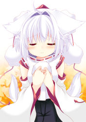 Rule 34 | 1girl, ahoge, animal ears, blush, detached sleeves, closed eyes, hat, hikanyan, inubashiri momiji, looking at viewer, pom pom (clothes), short hair, solo, tail, tokin hat, touhou, white hair, wolf ears, wolf tail