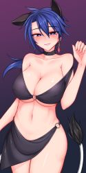 Rule 34 | 1girl, alternate costume, alternate hair length, alternate hairstyle, animal ears, bare shoulders, blue eyes, blue hair, blush, breasts, choker, cleavage, closed mouth, collarbone, covered erect nipples, cowboy shot, doremy sweet, earrings, hair between eyes, heart, heart-shaped pupils, highres, jewelry, kuroba rapid, large breasts, long hair, looking at viewer, matching hair/eyes, navel, o-ring, o-ring bottom, o-ring top, revealing clothes, sarong, single earring, smile, solo, stomach, symbol-shaped pupils, tail, tapir ears, tapir tail, touhou, underboob
