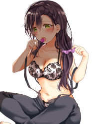 Rule 34 | 1girl, bare shoulders, black pants, blush, bra, braid, breasts, candy, cleavage, collarbone, floral print, food, hair between eyes, hair ornament, hair scrunchie, highres, holding, holding candy, holding food, holding lollipop, hot, lollipop, long hair, looking at viewer, love live!, love live! school idol project, medium breasts, mogu (au1127), panties, pants, purple hair, scrunchie, shade, simple background, sitting, solo, tojo nozomi, unbuttoned, underwear, white background, white bra, white panties, yellow eyes