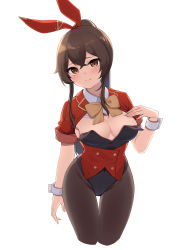 Rule 34 | 1girl, absurdres, alternate costume, amber (genshin impact), arm at side, black leotard, blush, bow, bowtie, breasts, brown bow, brown bowtie, brown eyes, brown hair, brown pantyhose, cleavage, closed mouth, cropped legs, genshin impact, hair ribbon, hand on own chest, highres, jacket, leotard, leotard under clothes, long hair, looking at viewer, medium breasts, open clothes, open jacket, pantyhose, playboy bunny, ponytail, red jacket, red ribbon, ribbon, short sleeves, smile, solo, strapless, strapless leotard, thigh gap, wrist cuffs, ziro (zirorong)