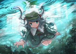 Rule 34 | 1girl, aqua eyes, aqua hair, bow, bubble, diving, hair bow, highres, kawashiro nitori, looking at viewer, risutaru, shirt, skirt, skirt set, smile, solo, touhou, twintails, two side up, underwater, wet, wet clothes
