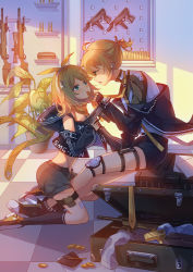 Rule 34 | 1boy, 1girl, aqua eyes, assault rifle, bass clef, belt, black hoodie, blonde hair, bow, brother and sister, bullet, coin, covered mouth, crossdressing, crossover, detached sleeves, eye contact, flower pot, frill trim, frills, gold bar, gold coin, gun, hair bow, hair ornament, highres, hood, hoodie, jacket, kagamine len, kagamine rin, knee pads, kneeling, leather, leather jacket, leg holster, letter hair ornament, looking at another, machine gun, mouth hold, neckerchief, necktie, necktie in mouth, open clothes, open shorts, plant, rifle, shoes, short hair, shorts, siblings, sitting, sleeveless, sleeveless hoodie, smile, sneakers, sniper rifle, socks, suitcase, teasing, thigh strap, twins, vocaloid, weapon, window shadow, yasuna (nanjiang), yellow neckerchief, zipper