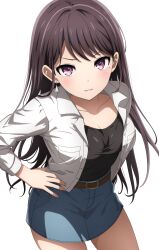 Rule 34 | 1girl, absurdres, bang dream!, bang dream! it&#039;s mygo!!!!!, belt, belt buckle, black hair, black shirt, blue skirt, breast pocket, breasts, brown belt, buckle, cleavage, collarbone, commentary, cowboy shot, denim, denim skirt, earrings, hand on own hip, highres, jewelry, light blush, long hair, long sleeves, looking at viewer, looking up, medium breasts, miniskirt, mole, mole under eye, noshimurin, open clothes, open shirt, parted lips, pocket, purple eyes, shiina taki, shirt, shirt tucked in, simple background, skirt, solo, teeth, upper teeth only, v-shaped eyebrows, very long hair, white background, white shirt