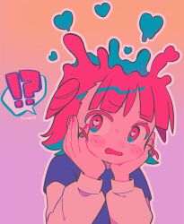 Rule 34 | !?, 1girl, :o, blue hair, blush, brown background, copyright request, hands up, heart, heart in eye, highres, layered sleeves, long sleeves, medium hair, menma (enaic31), multicolored eyes, multicolored hair, nail polish, open mouth, outline, pink background, pink eyes, pink hair, pink nails, shirt, short over long sleeves, short sleeves, solo, speech bubble, symbol in eye, two-tone hair, upper body, white outline, white shirt