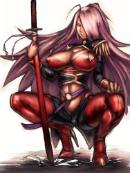 Rule 34 | 00s, 1girl, boots, breasts, dark skin, dark-skinned female, dragonaut, covered erect nipples, fumio (rsqkr), garnet mclane, hair over one eye, high heel boots, high heels, huge breasts, katana, large breasts, long hair, pink hair, red footwear, solo, squatting, sword, thigh boots, thighhighs, very long hair, weapon