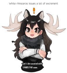 ! 1girl :d animal_ears antlers bad_id bad_tumblr_id black_hair black_scarf black_sweater_vest brown_eyes crossed_arms english_text engrish_text extra_ears highres horns kemono_friends long_hair long_sleeves moose_(kemono_friends) moose_antlers moose_ears moose_girl open_mouth raichiyo ranguage scarf shirt simple_background smile solo sweater_vest white_background white_horns white_shirt