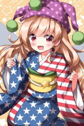 Rule 34 | 1girl, :d, american flag, american flag kimono, american flag print, blonde hair, blue kimono, clownpiece, commentary request, flag print, hat, highres, japanese clothes, jester cap, kimono, light blush, long hair, long sleeves, multicolored clothes, multicolored kimono, obi, open mouth, pom pom (clothes), print kimono, purple hat, red eyes, red kimono, ruu (tksymkw), sash, smile, solo, star (symbol), star print, striped clothes, striped kimono, touhou, very long hair, white kimono, wide sleeves, yellow sash