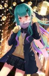 Rule 34 | 1girl, blue bow, blue bowtie, blue jacket, blue skirt, blush, bow, bowtie, braid, brown cardigan, butterfly hair ornament, cardigan, colored inner hair, commentary request, floating hair, green hair, hair ornament, highres, hololive, jacket, long hair, long sleeves, looking at viewer, multicolored hair, open clothes, open jacket, open mouth, outdoors, plaid, plaid bow, plaid bowtie, plaid skirt, purple hair, purple scarf, red eyes, saki (saki paint), scarf, shirt, skirt, sleeves past wrists, smile, solo, uruha rushia, uruha rushia (school uniform), virtual youtuber, white shirt