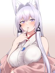 Rule 34 | 1girl, animal ears, bare shoulders, blush, breasts, commentary request, finger to own chin, fox ears, hair intakes, large breasts, long hair, looking at viewer, original, purple eyes, purple hair, solo, tamamo (yagi), upper body, wide sleeves, yagi (ningen)