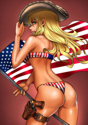 Rule 34 | 1girl, adjusting clothes, adjusting headwear, american flag, american flag bikini, american flag print, aqua eyes, arm up, ass, back, bare back, bare legs, bare shoulders, bikini, blonde hair, blue eyes, breasts, cowboy hat, cowboy western, female focus, flag, flag print, gun, hat, holding, legs, lips, long hair, looking at viewer, looking back, naughty face, original, print bikini, red background, smile, solo, standing, star (symbol), strapless, strapless bikini, striped bikini, striped clothes, swimsuit, teeth, underboob, united states, weapon, wind, wind lift, zakusi