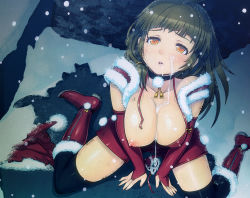 Rule 34 | 1girl, after fellatio, arm support, bikini, bikini top only, black thighhighs, blush, boots, breast slip, breasts, brown hair, character request, choker, christmas, cleavage, covered erect nipples, cum, cum in mouth, cum on body, cum on breasts, cum on upper body, cumdrip, detached sleeves, elbow gloves, facial, fingerless gloves, from above, fur trim, gloves, green hair, hat, huge breasts, kneeling, large breasts, leaning forward, lips, long hair, looking up, mahito, mole, mole under eye, nipples, one breast out, open mouth, orange eyes, original, red gloves, santa boots, santa costume, santa hat, shorts, sitting, snow, snowing, solo, swimsuit, thighhighs, torn clothes, wariza